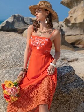 🧡 Hello Gorgeous! Embroidered Square Neck Midi Cami Dress